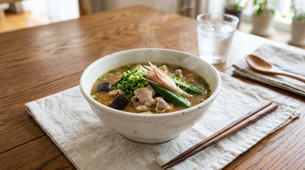 楽水ウォーターサーバーの給湯で作る豚肉と夏野菜のスタミナ味噌汁