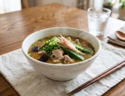 楽水ウォーターサーバーの給湯で作る豚肉と夏野菜のスタミナ味噌汁