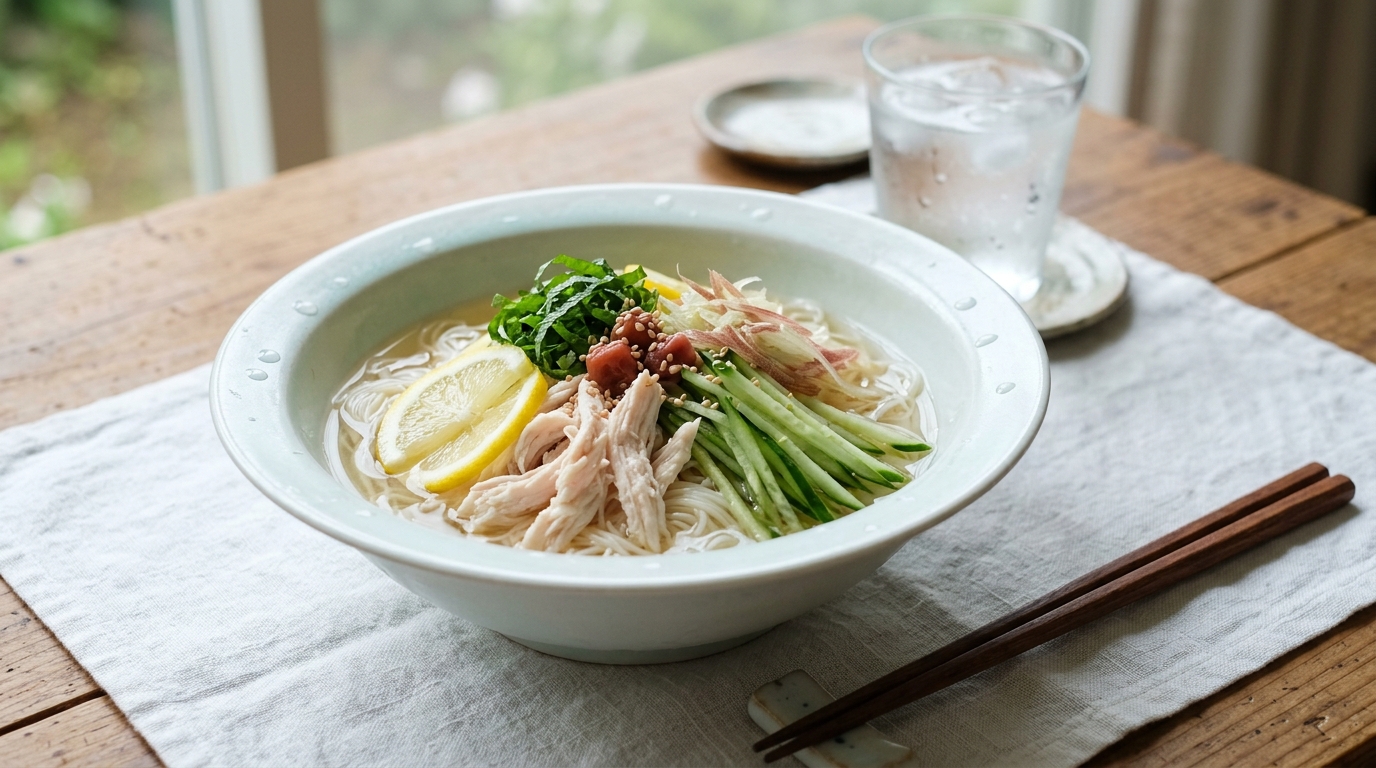楽水ウォーターサーバーの冷水で作る梅と鶏むね肉の冷やし塩レモンそうめん